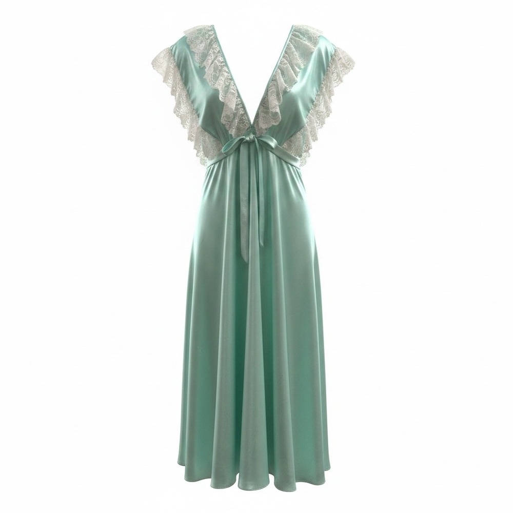 Camellia Vintage Mint Green Satin Lace Ruffle V-Neck Nightgown Midi Dress Medium
